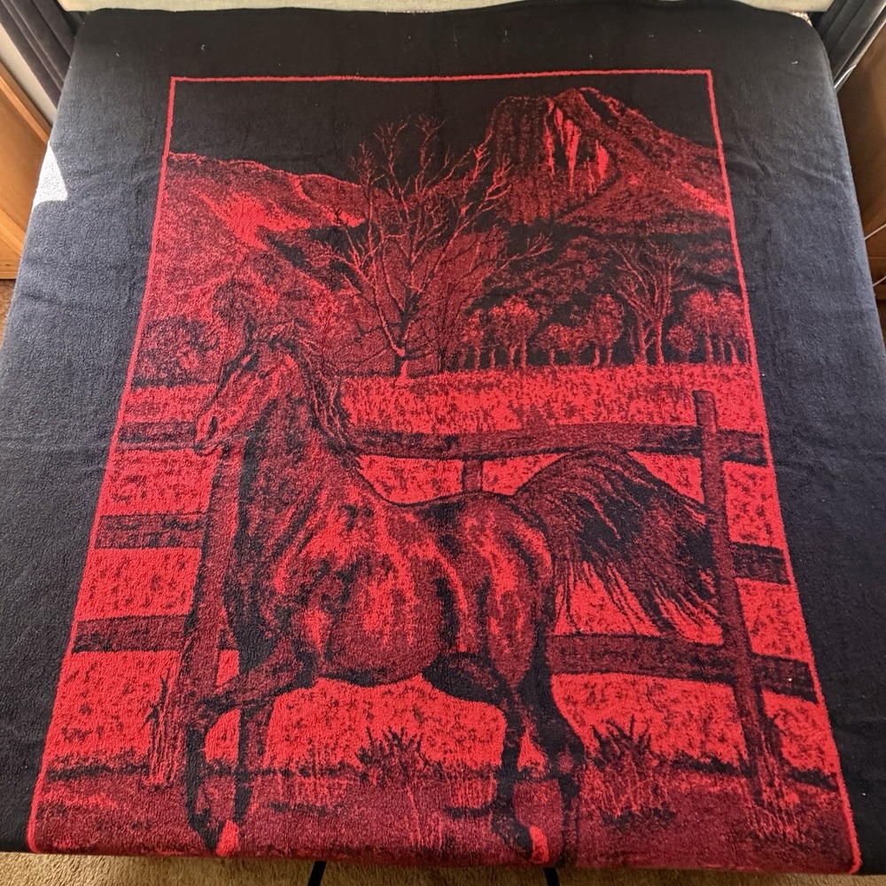 Vintage San Marcos Horse Blanket Black Red Western Ranch Throw 77x92 - Picture 2 of 7